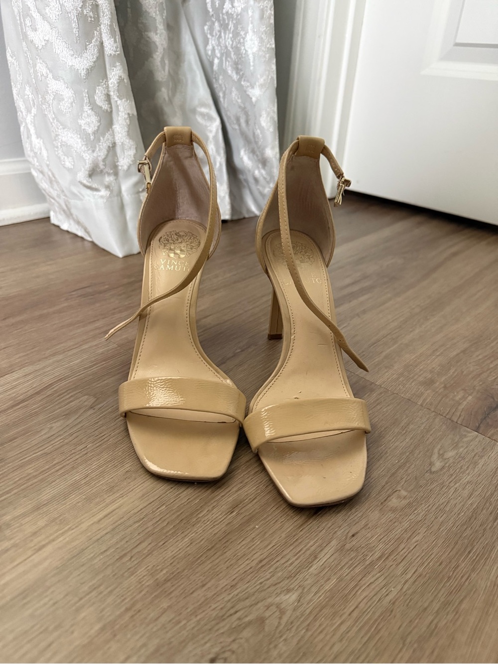 Vince Camuto Beige Patent Leather Ankle-Strap Pumps